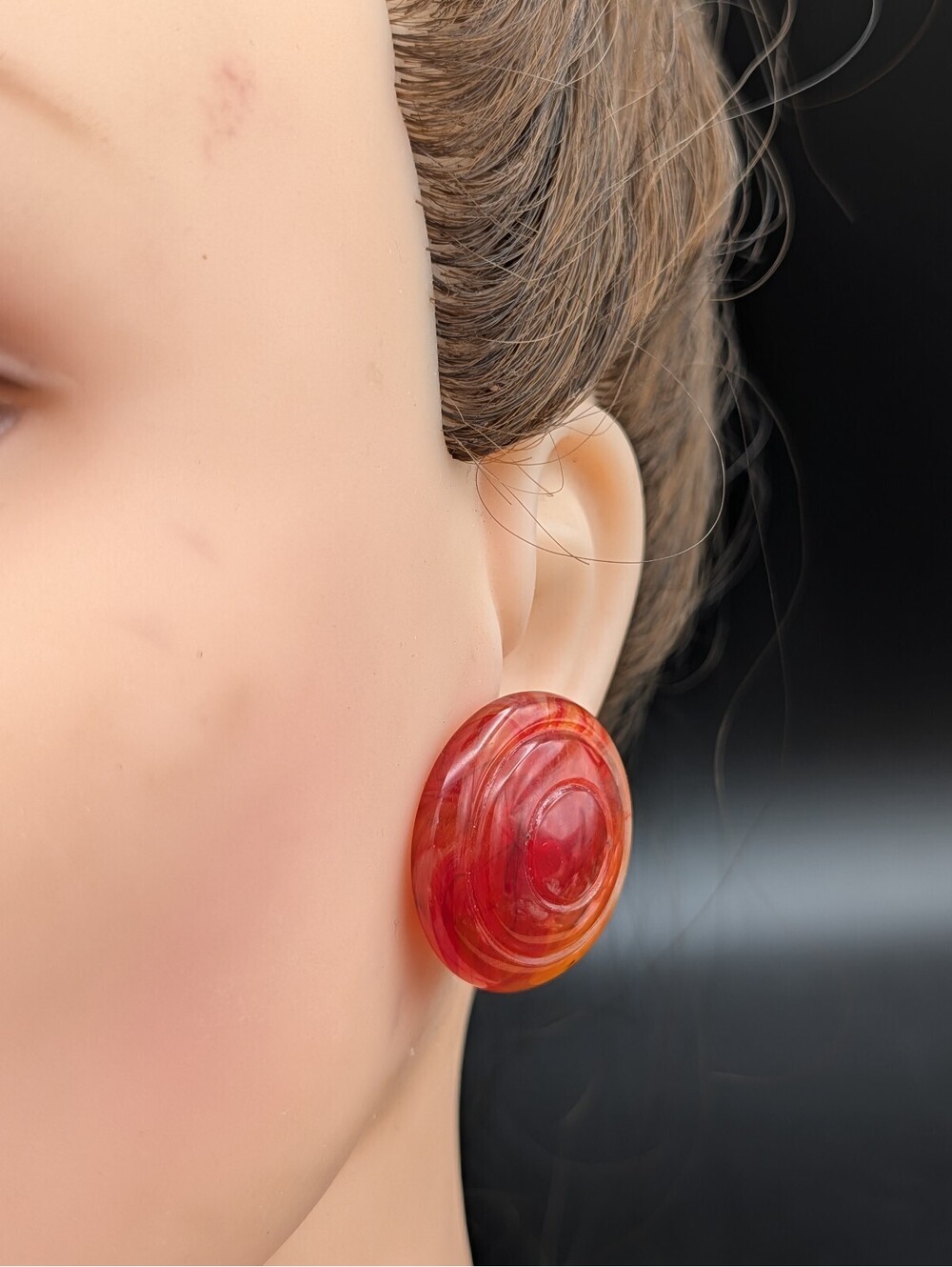 Vintage Red Lucite Swirl Disc Clip On Earrings Statement Concentric Ring Buttons